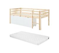 Lit mi-hauteur 90 x 190 cm avec rangement - Pin et MDF - Coloris : Naturel et blanc + Matelas - LANIORI