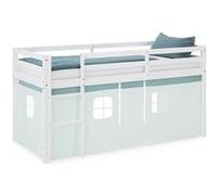 Homestyle4u Lit mezzanine 90 x 200 cm avec rideau et escalier, vert, cadre en pin blanc
