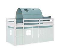 Homestyle4u Lit mezzanine, 90 x 200 cm, avec rideau, escalier, tunnel, vert, cadre de lit en bois de pin blanc