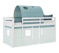 Homestyle4u Lit mezzanine, 90 x 200 cm, avec rideau, escalier, tunnel, vert, cadre de lit en bois de pin blanc
