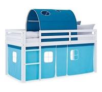 Homestyle4u Lit mezzanine, 90 x 200 cm, bleu, avec protection anti-chute, rideau bleu clair, tunnel de lit, en bois de pin massif, pour enfant