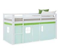 Homestyle4u Lit mezzanine 90 x 200 cm, vert, rideau de protection, échelle en bois de pin massif, lit mezzanine pour enfant