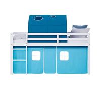 Homestyle4u Lit mezzanine, pour enfant, 90 x 200 cm, bleu clair, avec protection anti-chute, rideau en bois de pin massif, sommier à lattes, tunnel de lit