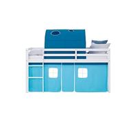 Homestyle4u Lit mezzanine, pour enfant, 90 x 200 cm, bleu clair, avec protection anti-chute, rideau en bois de pin massif, sommier à lattes, tunnel de lit
