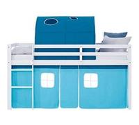 Homestyle4u Lit mezzanine, pour enfant, 90 x 200 cm, bleu clair, avec protection anti-chute, rideau en bois de pin massif, sommier à lattes, tunnel de lit