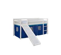 Homestyle4u 2564 Lit mezzanine, pour enfant, blanc, 90 x 200 cm, en bois de pin, avec toboggan, rideau, échelle, sommier à lattes