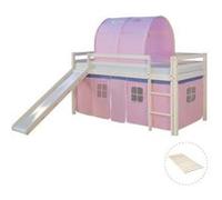 Homestyle4u 2554 Lit mezzanine, pour enfant, blanc, 90 x 200 cm, en bois de pin rose, avec tunnel, échelle, rideau, toboggan, sommier à lattes