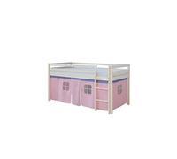 Homestyle4u Lit mi-hauteur pour enfant 1535 en bois blanc avec échelle et rideau rose 90x200