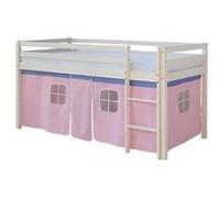 Homestyle4u Lit mi-hauteur pour enfant 1535 en bois blanc avec échelle et rideau rose 90x200