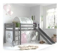 Vipack Lit enfant surélevé Pino 90x200 cm gris avec toboggan, rideau et tunnel de lit Birdy
