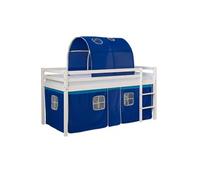 Homestyle4u Lit mi-hauteur enfant 90x200 cm blanc avec tunnel et rideau bleu et sommier