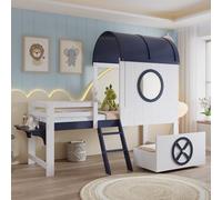 Lit Mi-Hauteur Enfant 90x200 cm avec Toit et Fenêtre, Tiroir Inférieur avec Roulettes, Échelle Inclinée à 2 Marches, Structure Pin + MDF + Contreplaqué, Blanc et Bleu Foncé (Blanc + Noir Bleu)