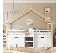 Lit mi-hauteur enfant 90x200cm Lit mezzanine Lit cabane en bois avec 2 tiroirs de rangement et sommier à lattes - blanc