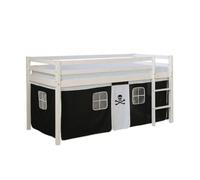 Homestyle4u Lit mezzanine enfant 90x200 cm - pin massif blanc, rideau noir, sans sommier