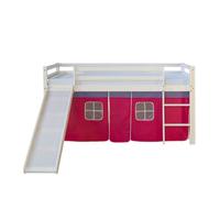 Homestyle4u - Lit mi-hauteur enfant 1466 - en pin, toboggan, rideau rouge - 90x200