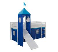 Lit mi-hauteur enfant toboggan tour pin rideau bleu 90x200