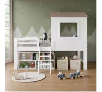 Lit Mi-Hauteur - Novélys - 90x200cm - avec Étagère Intégrée - Lit Cabane en Bois Massif - Lit enfants - Blanc & Naturel