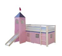 Homestyle4u 2553 Lit mezzanine, pour enfant, blanc, 90 x 200 cm, en bois de pin massif, tour, échelle, rideau, toboggan, sommier à lattes