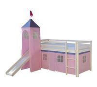 Homestyle4u 2553 Lit mezzanine, pour enfant, blanc, 90 x 200 cm, en bois de pin massif, tour, échelle, rideau, toboggan, sommier à lattes