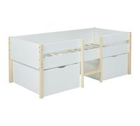 WEBER INDUSTRIES Lit mi-Hauteur ZEPHIR 90x190 + 2 Grands tiroirs + sommier/Blanc & Vernis Naturel