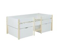 WEBER INDUSTRIES Lit mi-Hauteur ZEPHIR 90x190 + 2 Grands tiroirs + sommier/Blanc & Vernis Naturel