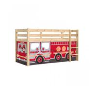 Vipack PINO Lit Compact Pin Massif Naturel + Rideau pour lit en 4 parties Pompiers Rouge