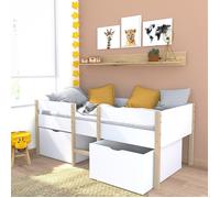 Lit mi-hauteur SISSY - 2 tiroirs - 90 x 190 cm - Blanc et chêne
