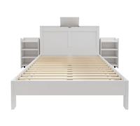 Lit moderne en bois avec sommier à lattes et tête de lit, comprend 2 tables de chevet extensibles, espace de rangement caché au niveau de la tête de lit, espace de rangement supplémentaire sous le lit