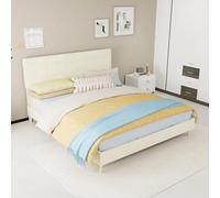 Lit moderne en tissu beige avec tête de lit rembourrée de luxe à carreaux. Lit double pour petite chambre principale et secondaire. Dimensions du matelas : 160 x 200 cm. Remarque : matelas inclus