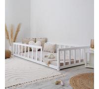Lit Montessori 90x200 au sol blanc en bois avec sommier & barrière - Homestyle4u