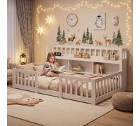 Lit Montessori 90x200 cm avec Rangement et Bibliothèque,Lit au Sol Enfant 90x200 avec Barrière de Sécurité et Sommier à Lattes,Cadre de Lits Enfant en Bois Massif,Garçons et Filles,Blanc