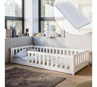 Lit Montessori Enfant 90x200 cm avec Matelas, Protection Chutes & Sommier à Lattes - Lit à Barreaux pour Enfant ou Adolescent - Blanc - Set Complet Garçon Fille