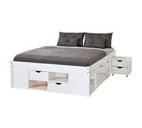 Inter Link - Lit double - Multifonction - Lit avec rangements - Lit fonctionnel - Avec tables de chevet - 6 tiroirs - 8 niches - Bois massif - Avec 2 sommiers -Blanc vernis - Till 180 x 200 cm