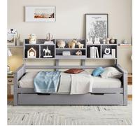 Lit multifonction 1 place 90 x 200 cm EVRYAE en pin gris avec lit gigogne et rangements