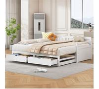 Lit - Multifonction 90/180x190 cm - Sommier pin à lattes - Tiroirs & lit gigogne - Blanc, sans matelas