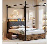 Lit multifonction 90 x 190 cm, avec espace de rangement et auvent en fer forgé, avec poteaux de lit amovibles avec LED et ports de charge USB / type C, ainsi que deux tiroirs, lit simple en fer, lit