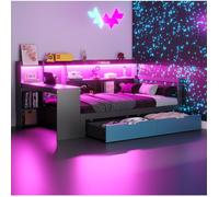 Lit multifonction 90 x 200 cm noir et bleu avec bureau, rangements, LED et prises