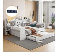 Lit multifonction Maisentiel 140x200 cm avec bureau intégré, rangements latéraux, tiroir-lit et prises USB bois blanc