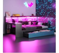 Lit multifonction noir et bleu avec bureau, rangements, LED et prises