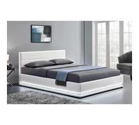 CONCEPT USINE | Lit Double New York 160x200 cm en Simili Blanc avec LED et Grand Coffre de Rangement Pratique | Design Moderne | Sommier à Lattes | Éclairage LED Blanc | Style Contemporain