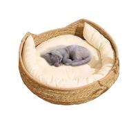Lit Niche pour Chat D’intérieur avec Coussin Amovible Lavable Rembourré, Niche en Rotin pour Chat, Lit Rond pour Animal De Compagnie avec Coussin Doux Oreiller, Lits De Chats À L'épreuve des Rayures