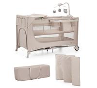 Kinderkraft Joy 2 ACC Lit Parapluie 2 en 1, Lit bébé de la Naissance Jusqu’à 15 kg, 120 x 60 cm, Facile à Plier, Carrousel avec Jouets, Étagères pour Les Couches, Sac de Transport Inclus, Beige