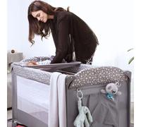 Moby-System Lit parapluie/parc 2-en-1 – 2 niveaux (0-6m/6-36m) – Table à langer, sac, roues – Gris