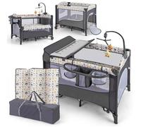 Lit Parapluie Bébé Evolutif Matelas 6 en 1 COSTWAY Table à Langer,5 Hauteurs Réglables,Boîte à Musique et Jouets Suspendus Gris
