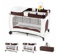 Lit Parapluie Bébé Pliant avec Matelas 4 en 1 COSTWAY-Table à Langer-3 Jouets-2 Roues Verrouillables-Sac Transportable-0-2 Ans-Brun
