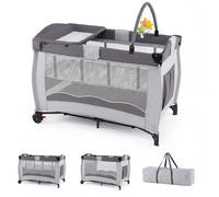 Lit Parapluie Bébé Pliant avec Matelas 4 en 1 COSTWAY-Table à Langer-3 Jouets-2 Roues Verrouillables-Sac Transportable-0-2 Ans-Gris