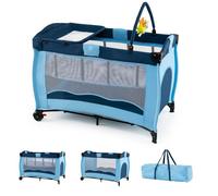 Lit Parapluie Bébé Pliant avec Matelas 4 en 1 COSTWAY-Table à Langer-3 Jouets-2 Roues Verrouillables-Sac Transportable-0-2 Ans-Bleu