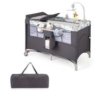 Lit Parapluie Bébé Pliant avec Matelas 5 en 1 COSTWAY-Lit Cododo,Table à Langer,Garde-corps Réglable,Sac et 3 Jouets-0-36 Mois-Gris