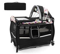 CostwayPack and Play Portable 4 en 1 Centre de Nurserie pour Bébé avec Berceau Matelas Table à Langer Boîte à Musique Toit Réglable Multicoloré