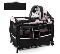 Lit Parapluie Bébé Pliant COSTWAY 4 en 1-avec Matelas,Boîte à Musique,Toit Réglable-Table à Langer Rabattable-3 Ans-Noir Colorés